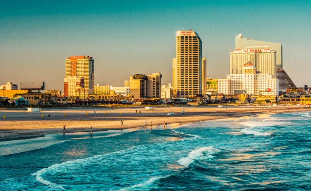 Atlantic City’s shore and skyline as the sun sets.