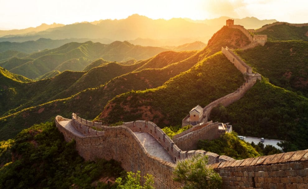The Great Wall of China at sunset.