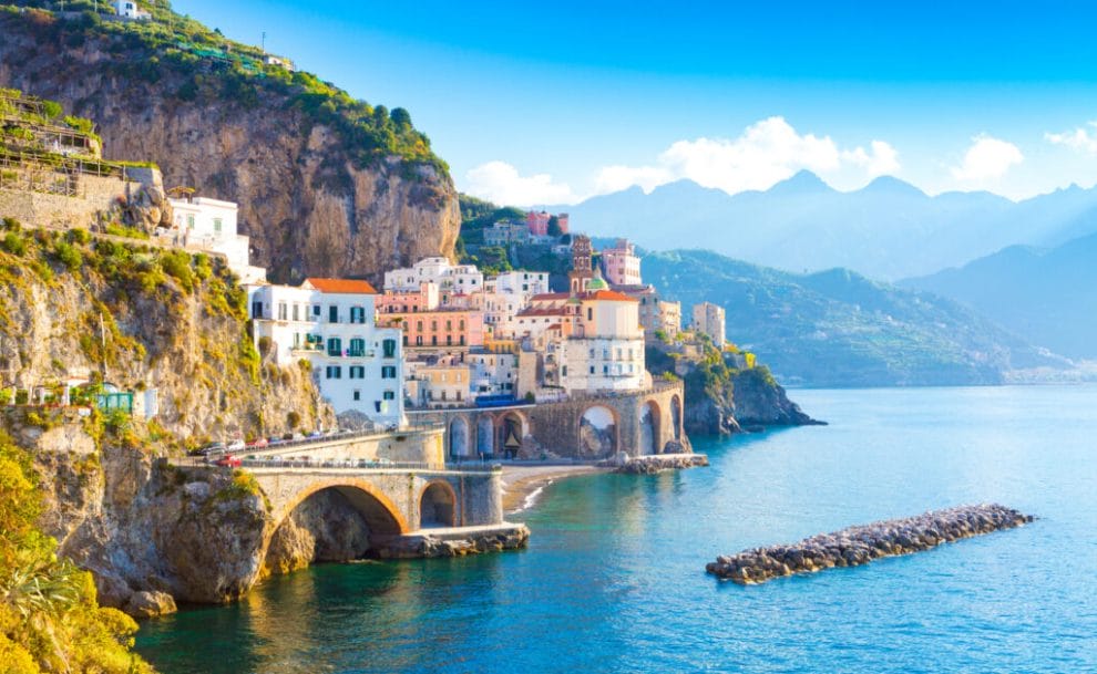A view of the Amalfi cityscape on the coastline of the Mediterranean Sea, Italy.