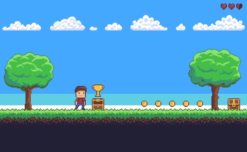 Pixel art game scene with ground, grass, trees, sky, clouds, character, coins, treasure chests, and 8-bit heart.