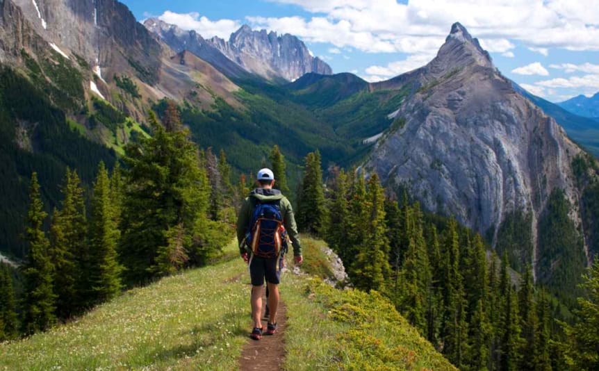 Back view of a man hiking along a scenic mountain trail.