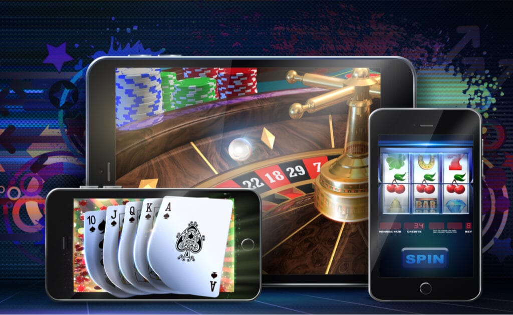 Slots reels, cards, and a roulette wheel on a tablet and two smartphones showing portrait and landscape modes.