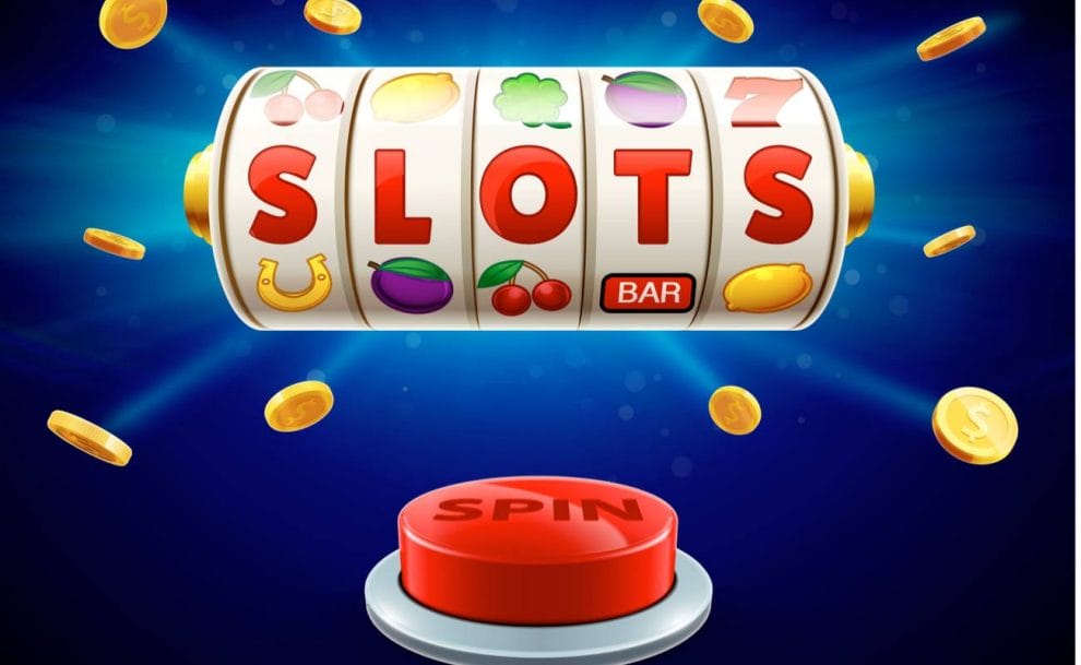  Illustration of a classic five-reel slot machine with a red ‘spin’ button against a blue background.