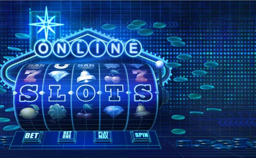 Online slots illustration against a blue background.