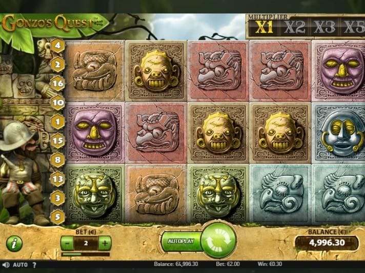 Screenshot of the reels in Gonzo’s Quest online slot by NetEnt
