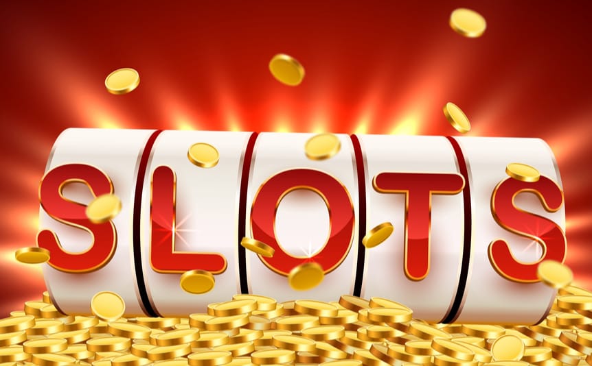 Header image of an online slots concept with red letters spelling out the word slots surrounded by gold coins