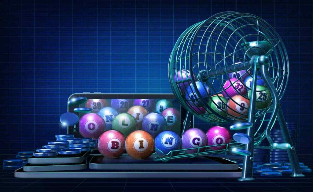 Bingo balls and a bingo basket on top of smartphones.