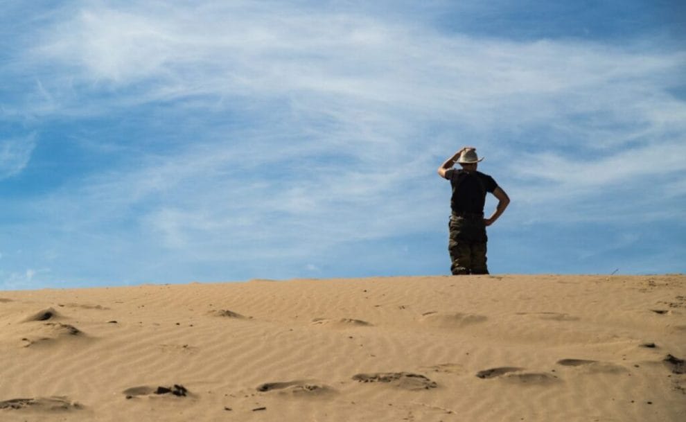 A man stands on top of a dune and surveys the landscape.