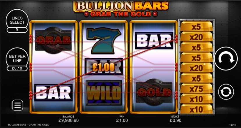 Screenshot of the reels in Bullion Bars Grab the Gold online slot showing a win.