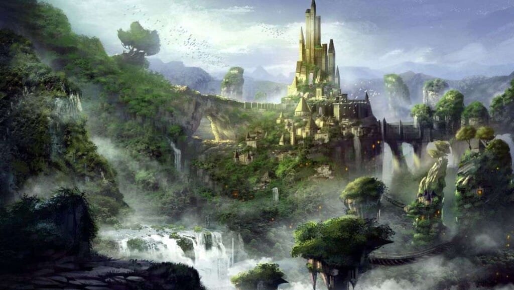 A fantasy landscape showing a castle on a tall hill with bridges, waterfalls, lush greenery, and birds flying in the sky in the distance. 