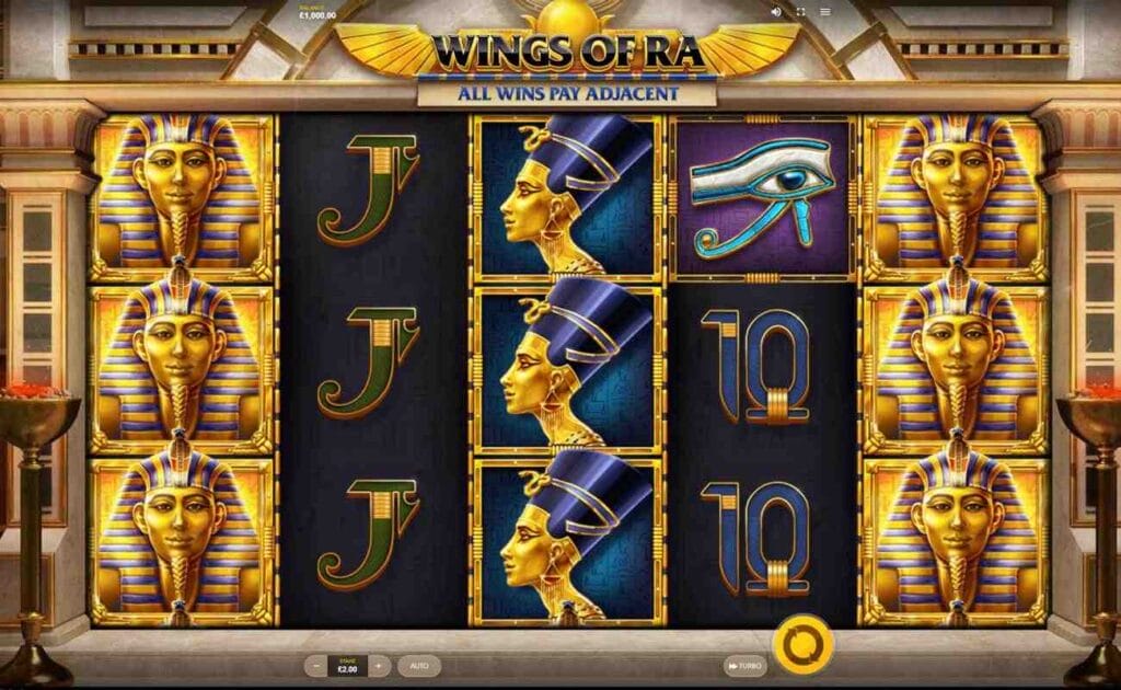 A screenshot of the Wings of Ra online slot reels.