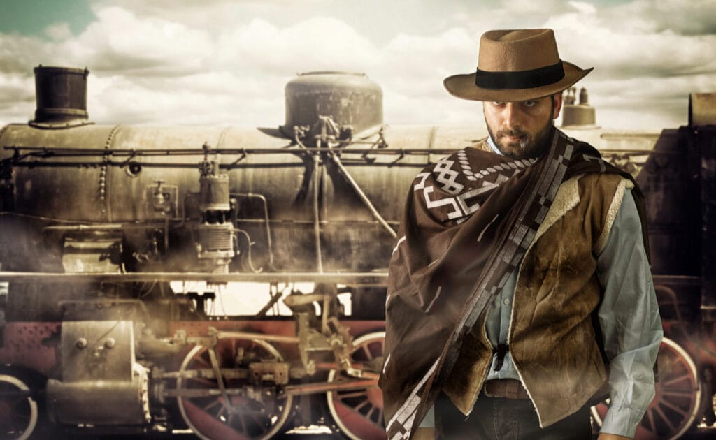 A Western-style bandit in a cowboy hat standing in front of an old train.