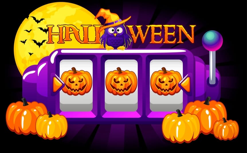 A slot game with three scary carved pumpkins showing on the reels.