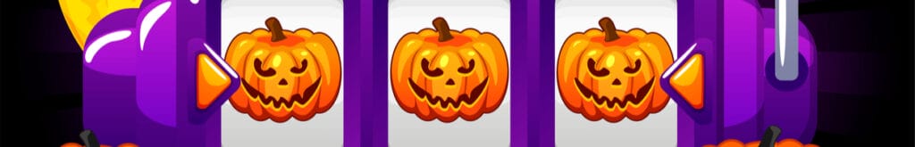 A slot game with three scary carved pumpkins showing on the reels.
