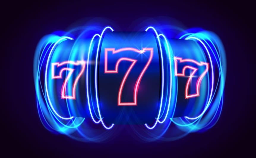 777 neon-colored reel against a dark blue background.