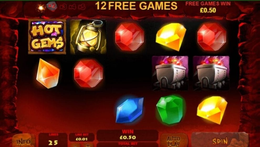 Screenshot of the reels in the Hot Gems online slot showing the free games feature.