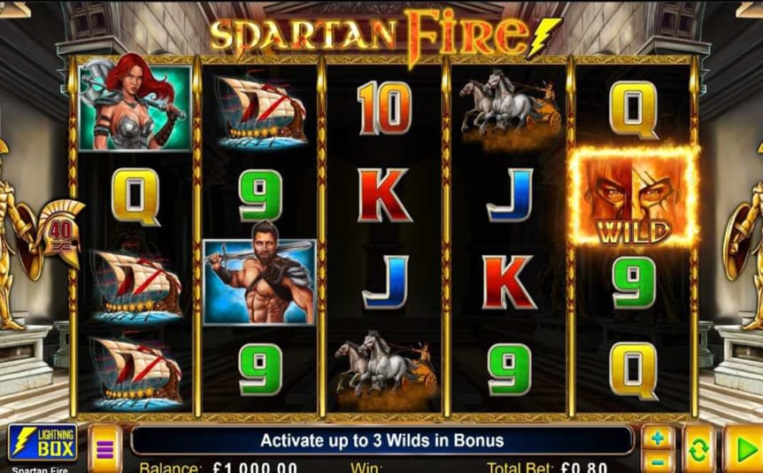Screenshot of the reels in the Spartan Fire online slot by Lightning Box.