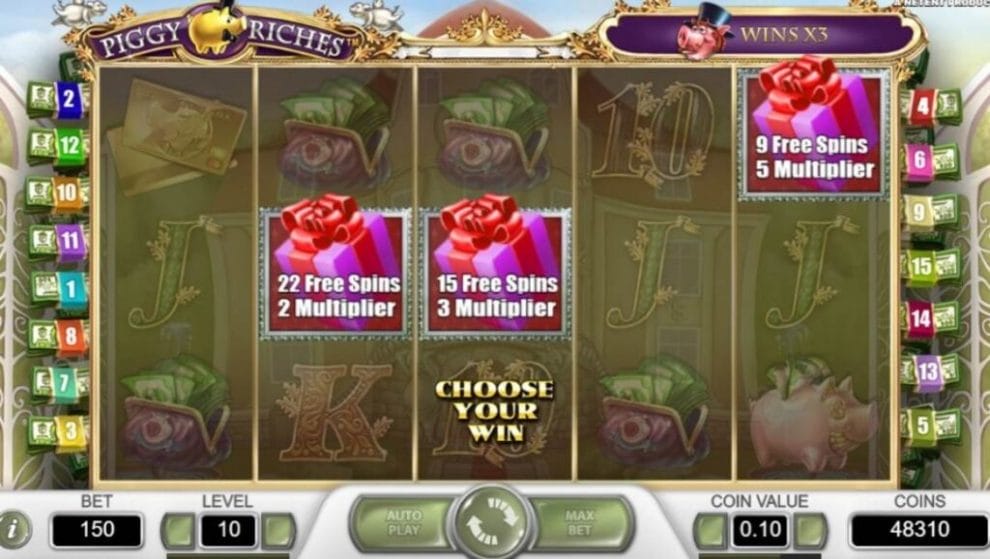 Screenshot of the reels in the Piggy Riches online slot showing the prize select feature.