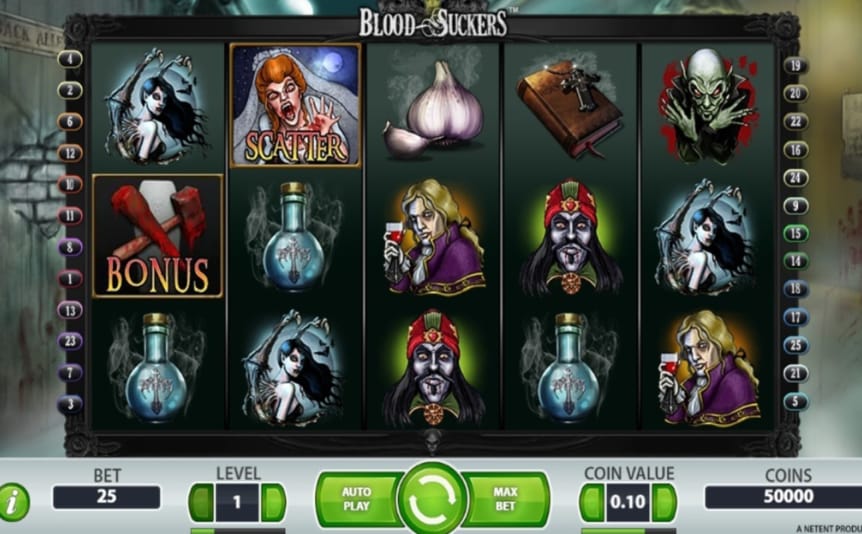 Screenshot of the reels in the Blood Suckers slot by NetEnt.