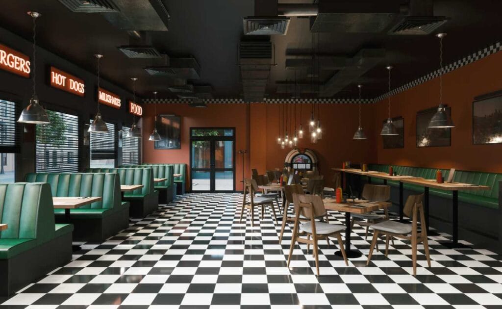 Inside a 24-hour diner with a black and white checked floor.