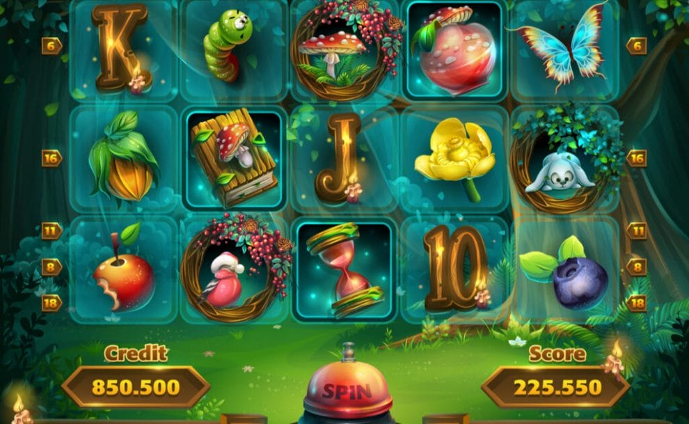 A woodland wonderland-like slot game interface with an apple, mushrooms, birds, rabbit, a butterfly and so on.