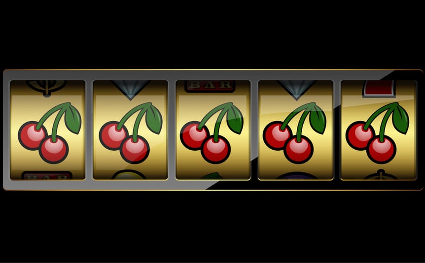 A slot machine reel face with five cherries in a row.