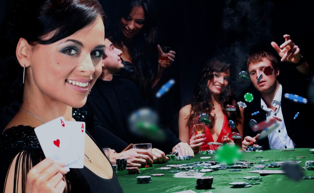 A woman holds up two aces while a man in the background throws his chips.