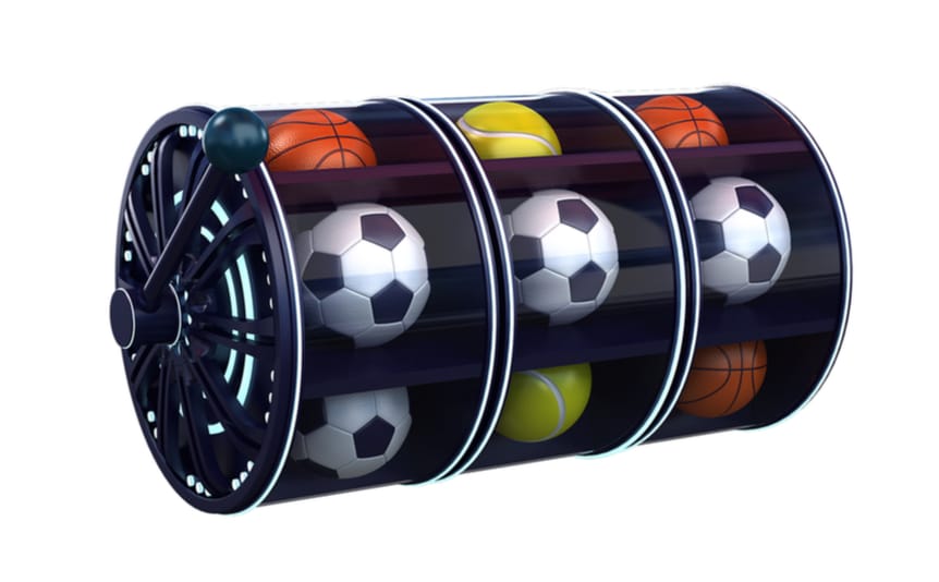 A slot machine with three soccer balls on the reels.