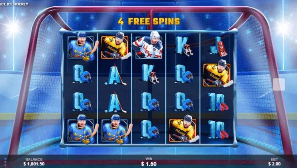 Tangkapan layar slot gulungan di hoki es es. Latar belakangnya adalah tujuan hoki es. Di latar depan ada gulungan slot dengan pemain hoki es dan simbol kartu bermain.