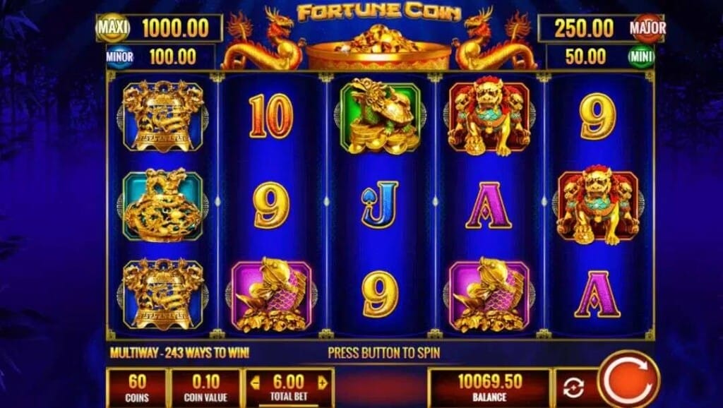 A screenshot of the slot reels in Fortune Coin. The game is set against a dark purple background. The slot reels contain a variety of ornate Asian-themed slot symbols, as well as numbers and playing card symbols.