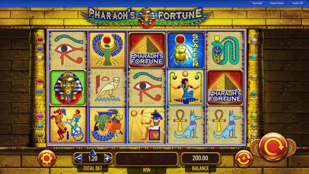 A screenshot of the slot reels in Pharaoh’s Fortune. The game is set against a temple wall. The reels contain hieroglyphic-style slot symbols.