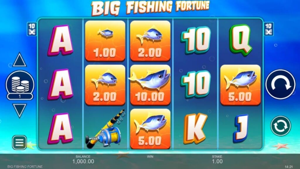A screenshot of the slot reels in Big Fishing Fortune. The background is a seafloor setting. In the foreground are the slot reels filled with fishing-themed and playing card symbols.