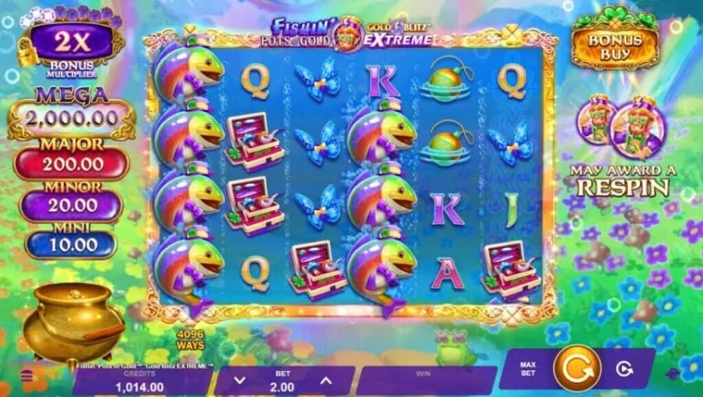 A screenshot of Fishin’ Pots of Gold Gold Blitz Extreme. The game features a bright color palette. The background is a magical underwater setting with fields of flowers and rainbows. The slot reels contain a variety of fishing-themed symbols, including fish and fishing gear, and playing card symbols. 