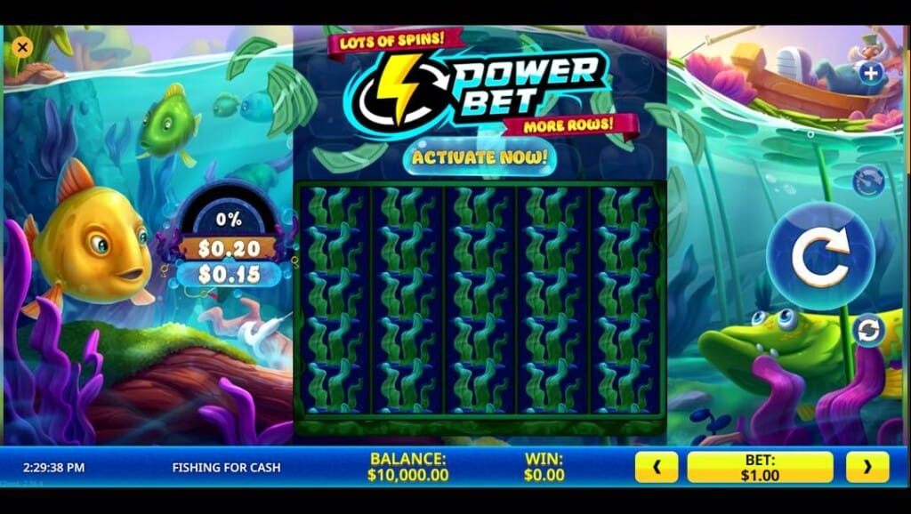 A screenshot of the Fishing for Cash slot reels. The game is set under the water in a lake with fish swimming along and a fisherman trying to reel in a catch. The reels are in the center of the screen and are filled with aquatic weeds.
