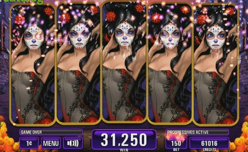 A screen with five Lady of the Dead symbols in a row.