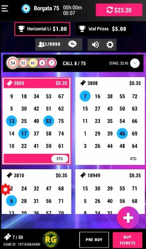 Borgata Bingo screen page of the bingo cards from a mobile