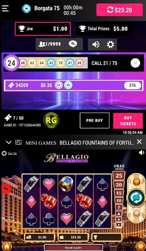 Borgata Bingo screen page from a mobile