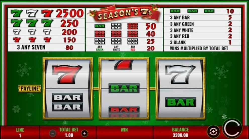 Season’s 7s online slot game screen.