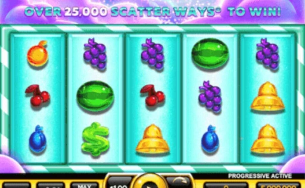 A screenshot of the slot reels of the Sugar Surge slot game featuring fruit symbols like Grapes, Watermelon, and Cherries, as well as a few Gold Bells and a Dollar Sign symbol. 