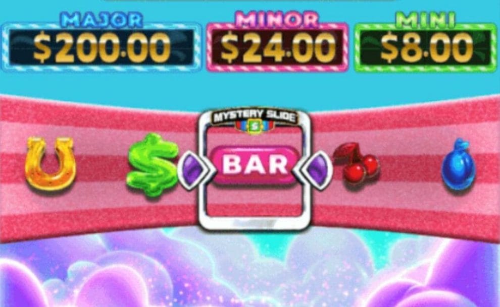 A screenshot of the three smaller jackpots in the Sugar Surge slot game on top of a depiction of the game’s Mystery Slide feature that has landed on a BAR symbol. 
