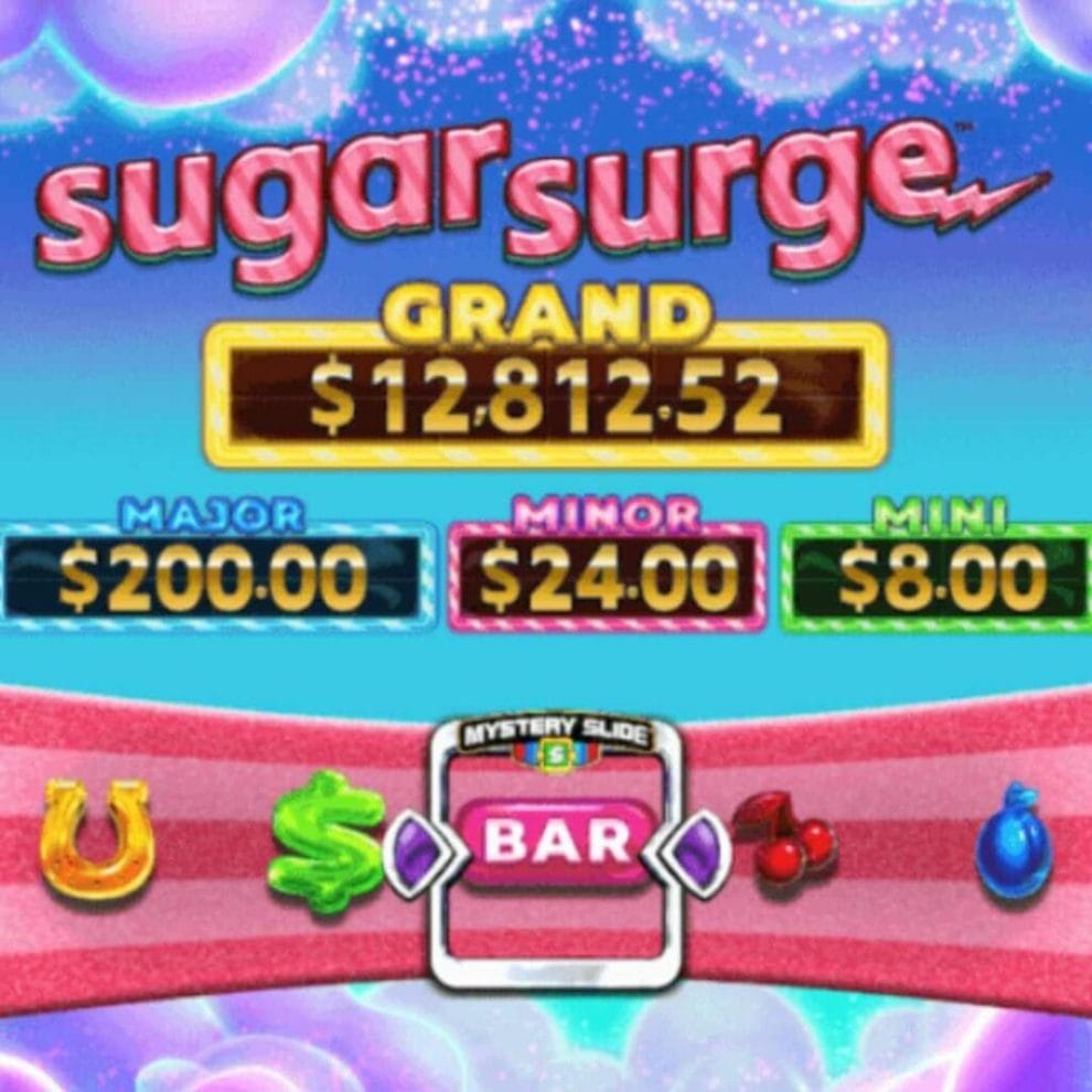 The Sugar Surge logo on top of the game’s Grand, Major, Minor, and Mini jackpots as well as a representation of the slot’s Mystery Slide feature.