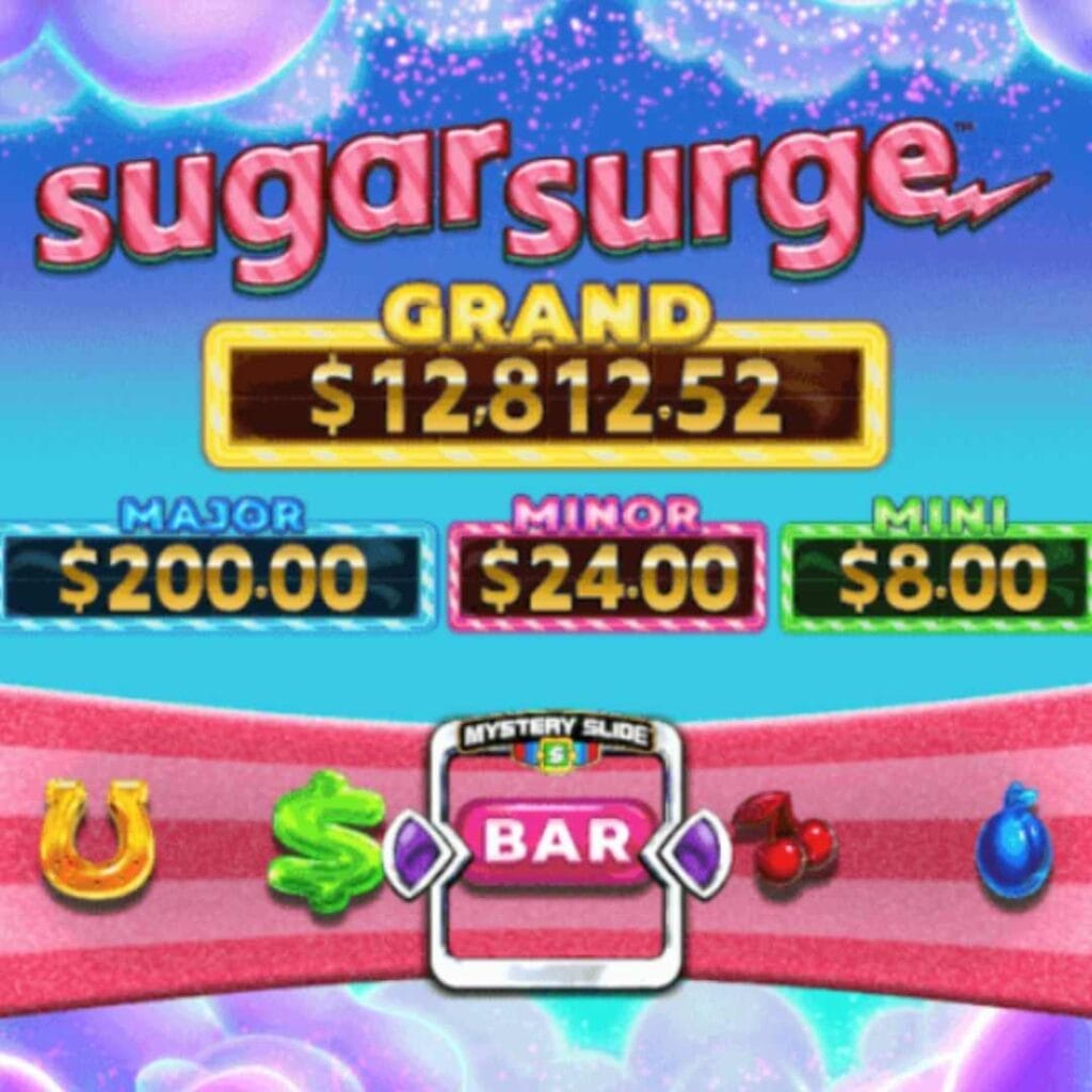 The Sugar Surge logo on top of the game’s Grand, Major, Minor, and Mini jackpots as well as a representation of the slot’s Mystery Slide feature.