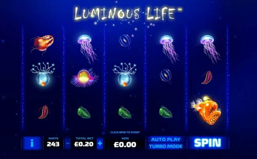 Luminous Life online slot title and symbols.