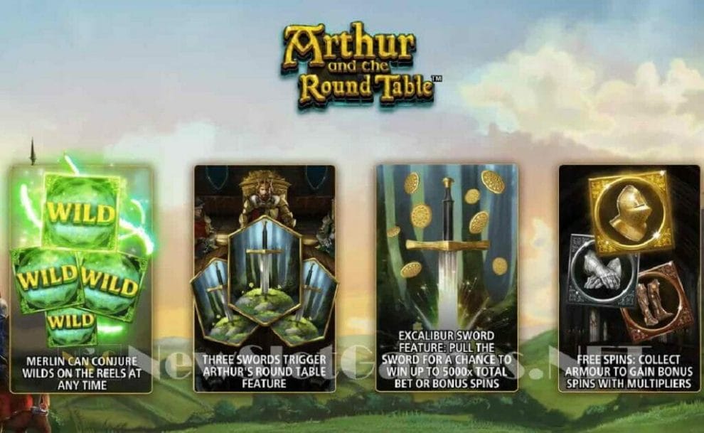 Four cards explaining the bonuses and features of the online slot Arthur and the Round Table.