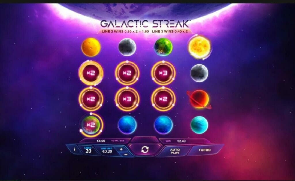 The game screen from Galactic Streak with different planets on the grid.