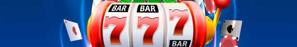 Slot machine reels and a roulette table with playing cards.