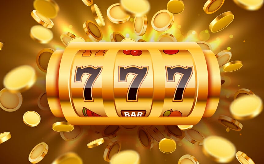 Three 7s across golden slot reels with coins in the background.