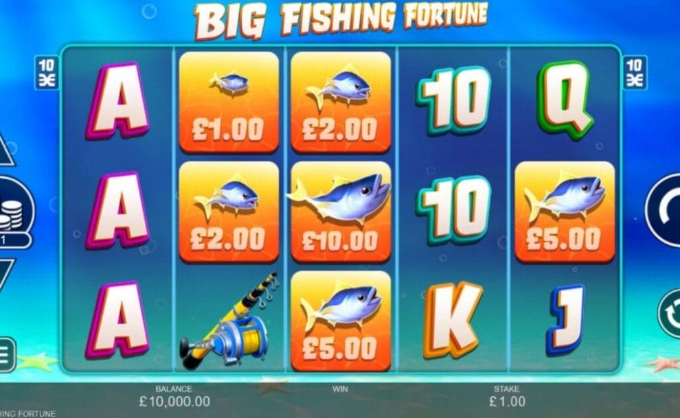 A screenshot of the Big Fishing Fortune slot. It has various fish symbols with different cash values, as well as a fishing reel and other standard slot symbols. It is set against a background filled with still, blue water.