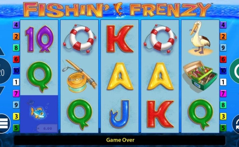 A screenshot of the Fishin’ Frenzy slot. It has various cartoon-style symbols, including fish, a fishing rod, fishing tackle, a pelican, and more. The reel is set against a calm body of water.