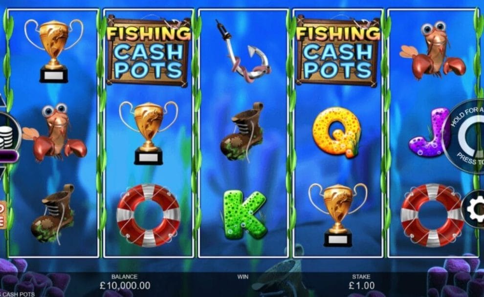 A screenshot of the Fishing Cash Pots slot. The reels are filled with 3d rendered cartoon symbols including a lobster, trophy, boot, and fishing hook. The game takes places against a seaweed-filled ocean.